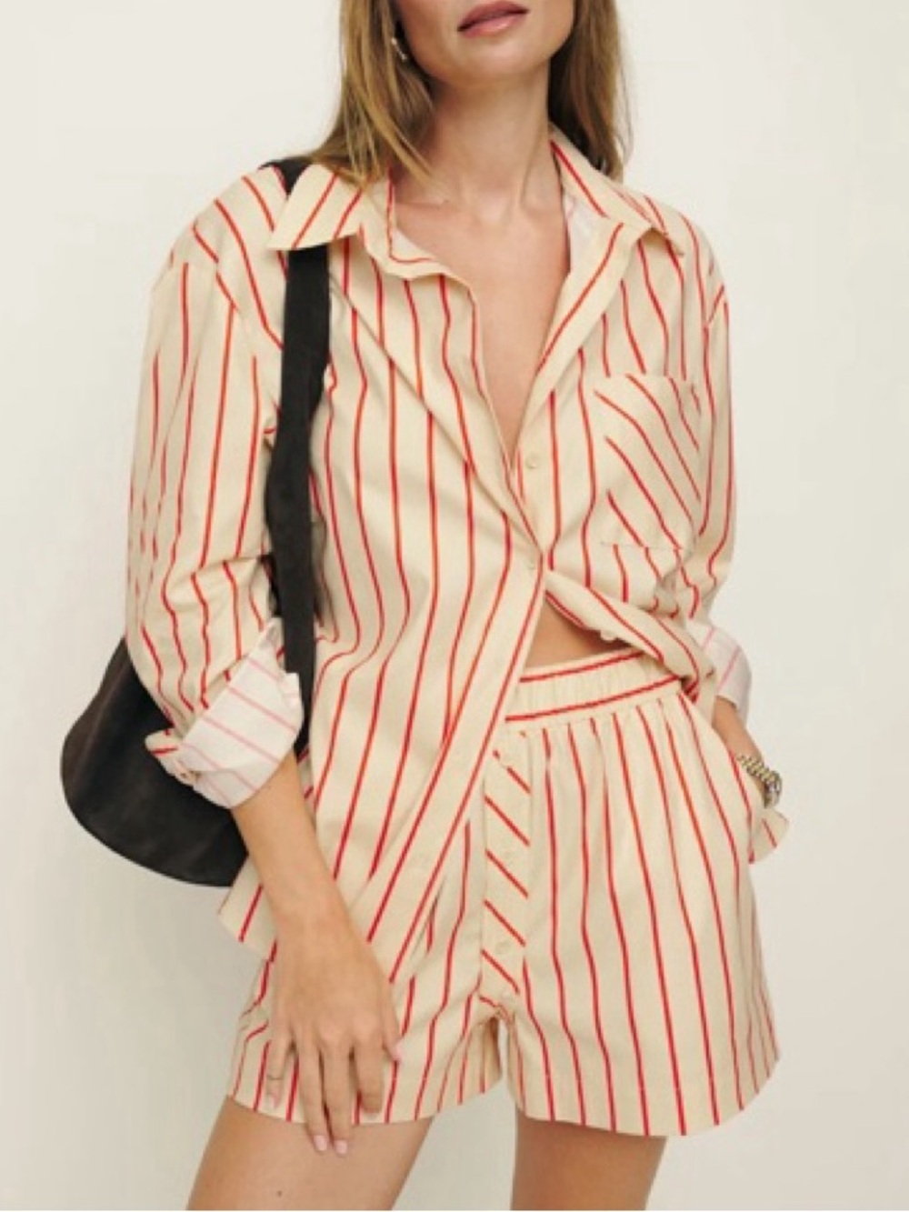 Reformation Eli Red Stripe Oversized Shirt Boxer Shorts Set XL